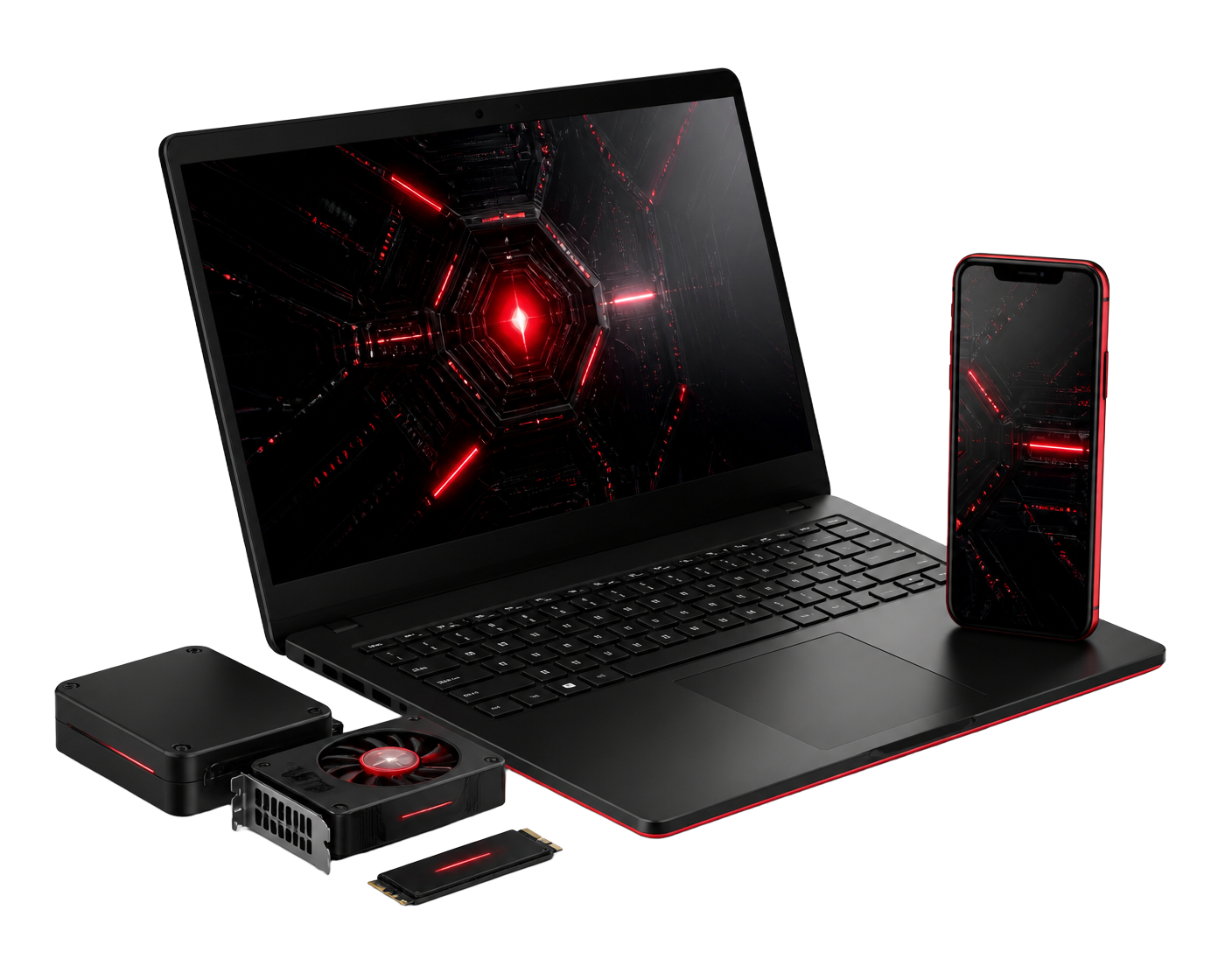 Notebook, smartphone e componentes tecnológicos com iluminação vermelha